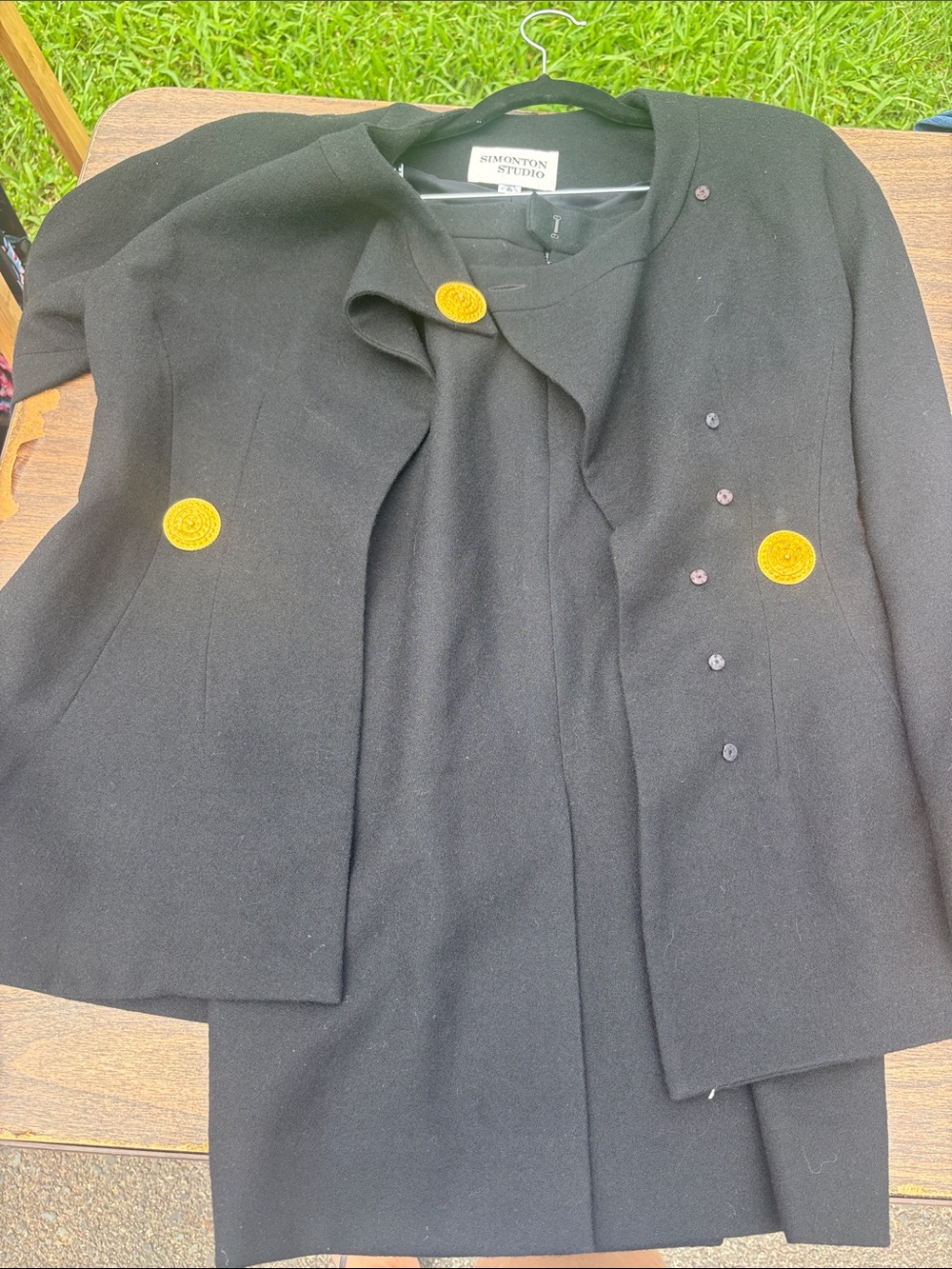 Simponton Studio Women's Black Wool Blazer & Skirt Set with Gold Button Accents